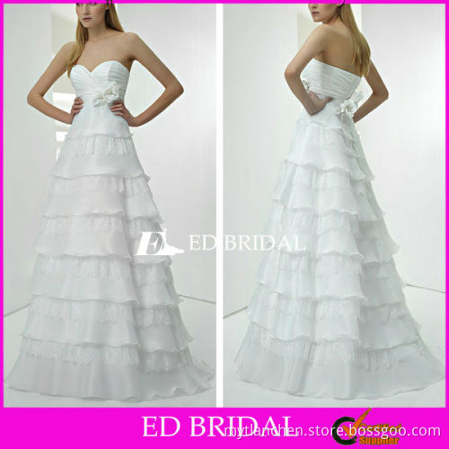 A Line Sweetheart Court Train Tiered Lace Handmade Flower Ruching Bodice Layered Organza Wedding Dress